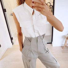 Load image into Gallery viewer, Sexy White O-neck Shoulder Pad Shirt Blouses Woman Summer Fashion Sleeveless Button Shirts For Women 2021 Elegant Tops Femme