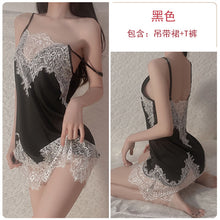 Load image into Gallery viewer, Sexy Woman Tulle Slip Skirt Sweet Satin Lace Nightdress Thong Set Girls Deep V Backless Nightgowns Femme Sexy Nightwear