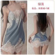 Load image into Gallery viewer, Sexy Woman Tulle Slip Skirt Sweet Satin Lace Nightdress Thong Set Girls Deep V Backless Nightgowns Femme Sexy Nightwear