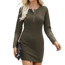 Load image into Gallery viewer, Sexy Women Bodycon Dress Autumn 2021 Long Sleeve Ribbed Lace Splicing Buttons Slim Mini Party Dress Ladies