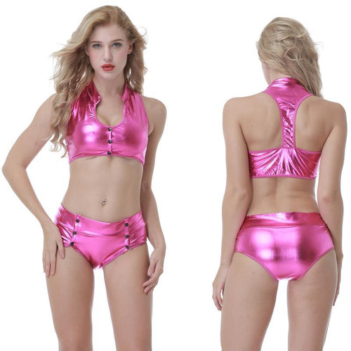 Sexy Women Girl Pink Metallic Shiny Cami Crop Top and Boy Shorts Pole Dance Wear Night Club Disco Costume