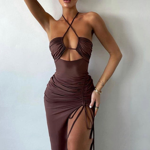 Sexy Women High Slit Halter Prom Dress Summer Sleeveless Wrinkled Party Dresses Female Backless Slim Night Club Dress Robe été