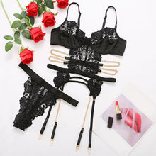 Load image into Gallery viewer, Sexy Women Lace Bras Panties G-String Garter Set Sexy Lingerie Sets Thong Panties Garters Mesh Bandage Underwear Sleepwear
