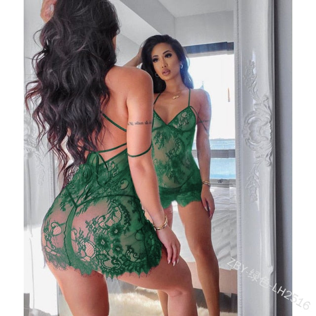 Sexy Women Lace Lingerie Set Perspective Halter Dress Thong Set Solid Color Bandage Exotic Underwear Ladies Sleepwear Nightdress