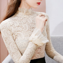 Load image into Gallery viewer, Sexy Women Lace Tops And Shirt New 2021 Spring Autumn Turtleneck Hollow Out Women Tops Tees Elegant Slim Flare Sleeve  T-Shirt