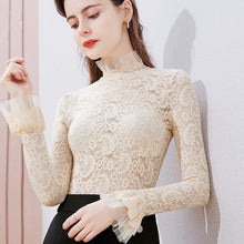 Load image into Gallery viewer, Sexy Women Lace Tops And Shirt New 2021 Spring Autumn Turtleneck Hollow Out Women Tops Tees Elegant Slim Flare Sleeve  T-Shirt