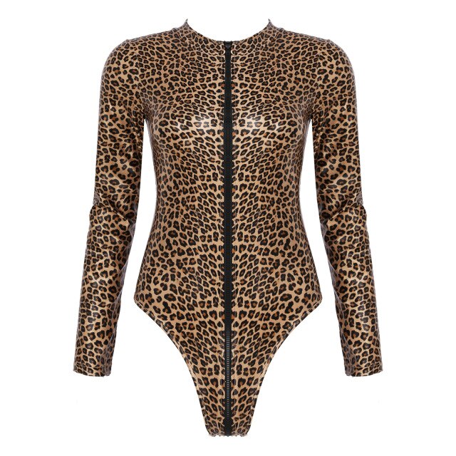 Sexy Women Leopard Bodysuit Mock Neck Zipper Leather Catsuit High Cut Leotard Clubwear Bodycon Jumpsuit Bodys Romper Overalls