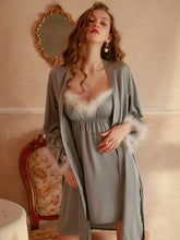 Load image into Gallery viewer, Sexy Women Pajamas Sets Faux Silk Nightwear Sleepwear Bath Gown Wedding Feather Night Dress Robe With Belt Babydolls Nightgown