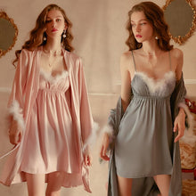 Load image into Gallery viewer, Sexy Women Pajamas Sets Faux Silk Nightwear Sleepwear Bath Gown Wedding Feather Night Dress Robe With Belt Babydolls Nightgown