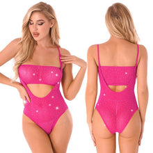 Load image into Gallery viewer, Sexy Women Rhinestone Transparent Mesh Teddy Bodysuit Crystal Diamond See Through Sheer High Cut Catsuit Lingerie Nightwear