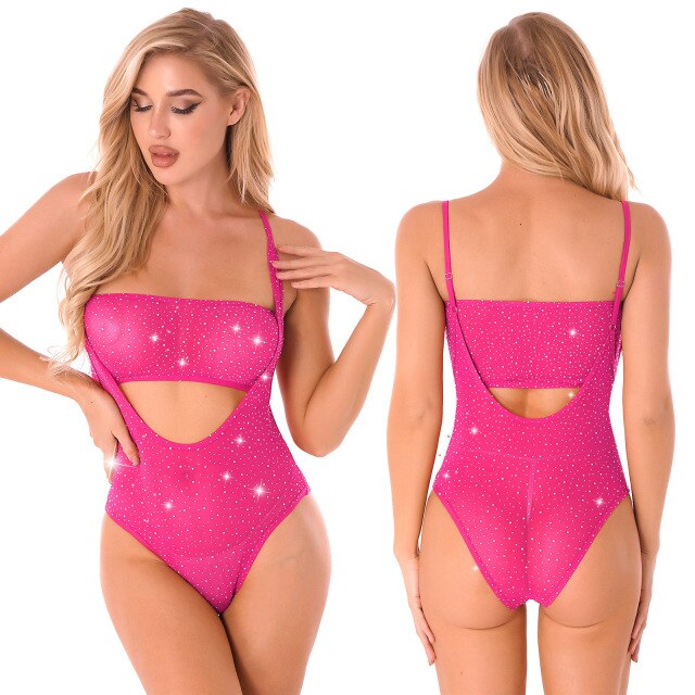 Sexy Women Rhinestone Transparent Mesh Teddy Bodysuit Crystal Diamond See Through Sheer High Cut Catsuit Lingerie Nightwear