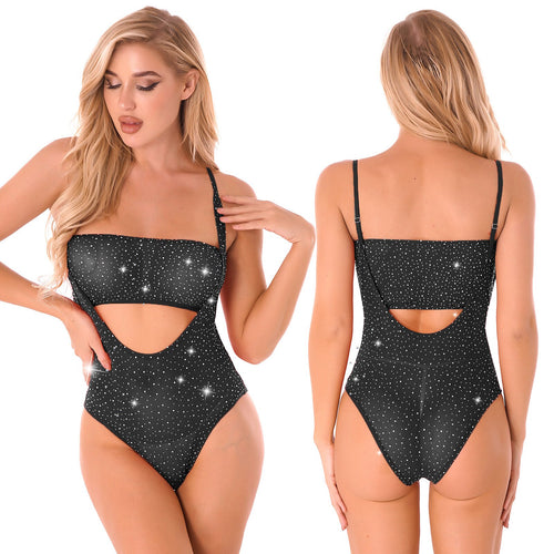 Sexy Women Rhinestone Transparent Mesh Teddy Bodysuit Crystal Diamond See Through Sheer High Cut Catsuit Lingerie Nightwear