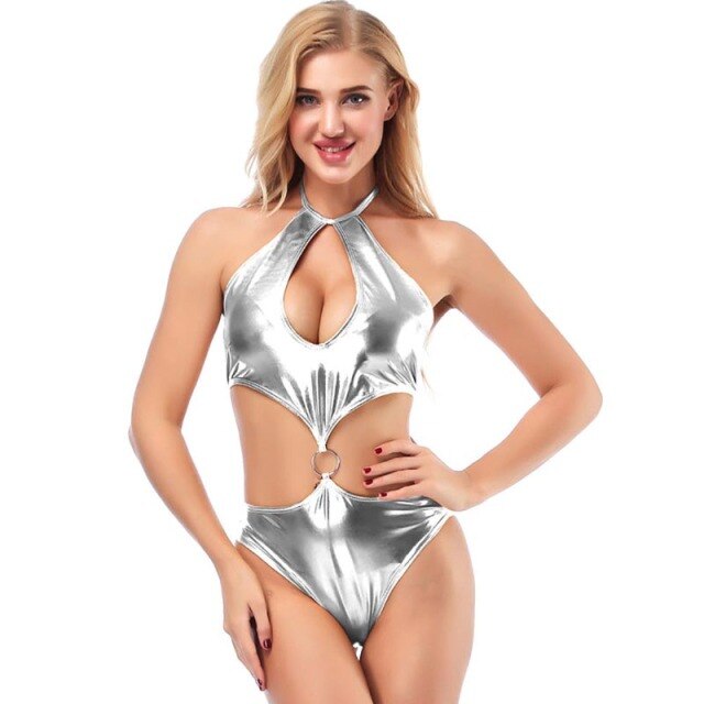 Sexy Women Shiny Metallic Leotard Bodysuit Cut Out Bust Strappy Thong Teddy Night Clubwear Pole Dance Wear Swimwear Costume