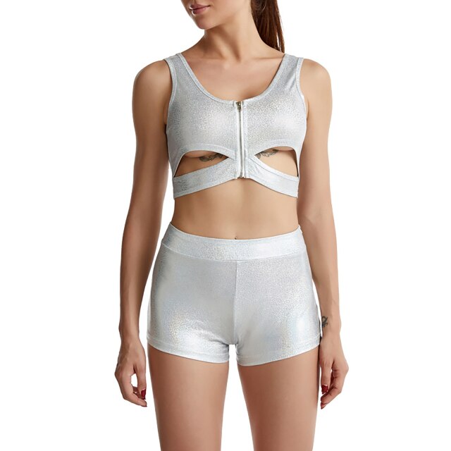 Sexy Women Shiny Metallic Yoga Fitness Suit Outfits Sports Dance Wear Sleeveless Vest with High Waist Shorts Lingerie Exotic Set