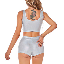 Load image into Gallery viewer, Sexy Women Shiny Metallic Yoga Fitness Suit Outfits Sports Dance Wear Sleeveless Vest with High Waist Shorts Lingerie Exotic Set
