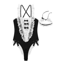 Load image into Gallery viewer, Sexy Women Sissy Maid Uniforms Crossdresser Role Playing Outfits Costumes Sleepwear Lace-up High Cut Bodysuit Lingerie Nightwear