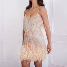 Load image into Gallery viewer, Sexy Women&#39;s Fringed Sequin Feather Stitching Dress 2022 Summer Slim V-Neck Off Shoulder Dresses Female Backless Slip Mini Robe