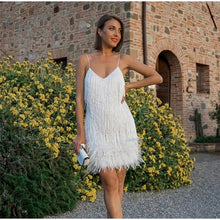 Load image into Gallery viewer, Sexy Women&#39;s Fringed Sequin Feather Stitching Dress 2022 Summer Slim V-Neck Off Shoulder Dresses Female Backless Slip Mini Robe