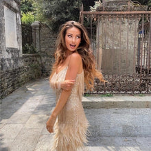Load image into Gallery viewer, Sexy Women&#39;s Fringed Sequin Feather Stitching Dress 2022 Summer Slim V-Neck Off Shoulder Dresses Female Backless Slip Mini Robe