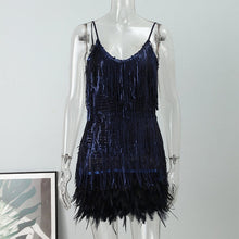 Load image into Gallery viewer, Sexy Women&#39;s Fringed Sequin Feather Stitching Dress 2022 Summer Slim V-Neck Off Shoulder Dresses Female Backless Slip Mini Robe