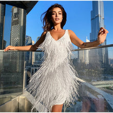 Load image into Gallery viewer, Sexy Women&#39;s Fringed Sequin Feather Stitching Dress 2022 Summer Slim V-Neck Off Shoulder Dresses Female Backless Slip Mini Robe