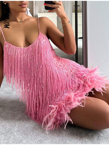 Sexy Women's Fringed Sequin Feather Stitching Dress 2022 Summer Slim V-Neck Off Shoulder Dresses Female Backless Slip Mini Robe