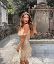 Load image into Gallery viewer, Sexy Women&#39;s Fringed Sequin Feather Stitching Dress 2022 Summer Slim V-Neck Off Shoulder Dresses Female Backless Slip Mini Robe