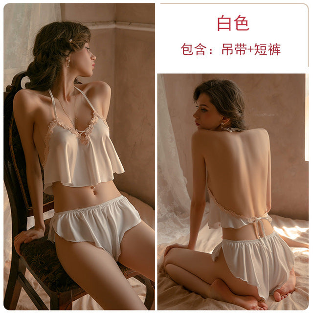 Sexy Women's Pajamas Set Satin Silk Halter V-neck Backless Top Shorts Femme Luxury Sleepwear Two-piece Girls' Home Loungewear