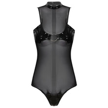 Load image into Gallery viewer, Sexy Womens Lingerie Patent Leather Patchwork Bodysuit Mock Neck Sleeveless See-through Mesh Catsuit Leotard Cosplay Costume