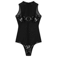 Load image into Gallery viewer, Sexy Womens Lingerie Patent Leather Patchwork Bodysuit Mock Neck Sleeveless See-through Mesh Catsuit Leotard Cosplay Costume