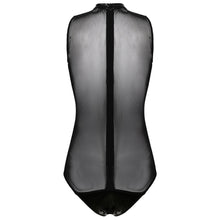 Load image into Gallery viewer, Sexy Womens Lingerie Patent Leather Patchwork Bodysuit Mock Neck Sleeveless See-through Mesh Catsuit Leotard Cosplay Costume