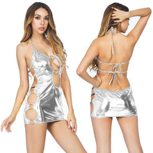 Load image into Gallery viewer, Sexy Womens Metallic Shiny Bodycon Backless Halter Mini Dresses With Bondage O-Ring Hollow Out Nightdress Dance Wear