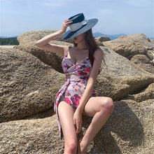 Load image into Gallery viewer, Sexy Wrap One Piece Swimsuit Women Print Swimwear Open Back Monokini Push Up Swim Suit Belt Bathing Suit Pads Korea Cut Out