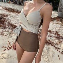 Load image into Gallery viewer, Sexy Wrap One Piece Swimsuit Women Solid Swimwear Patchwork Monokini Push Up Swim Suit Cut Out Trikini Pad Bathing Suit Beige