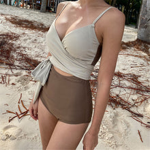 Load image into Gallery viewer, Sexy Wrap One Piece Swimsuit Women Solid Swimwear Patchwork Monokini Push Up Swim Suit Cut Out Trikini Pad Bathing Suit Beige