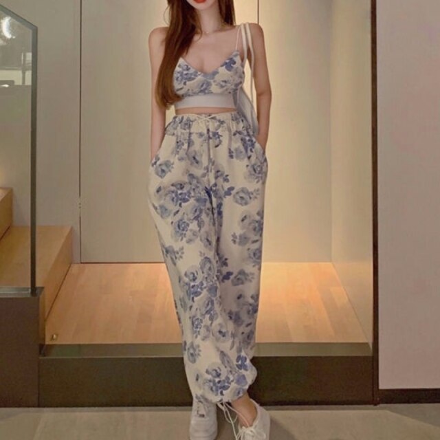 Sexy Y2k floral Two Piece top pant Set Women Korean Casual High Street Summer Suit 2021 elegant Mini Top Long Wide Leg Pants