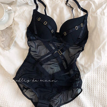 Load image into Gallery viewer, Sexy black gathered breasts bodysuit anti-sagging one-piece underwear body shaping bra set perspective with steel ring lingerie