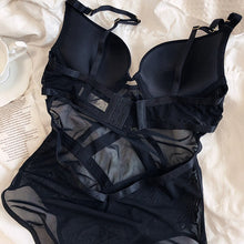 Load image into Gallery viewer, Sexy black gathered breasts bodysuit anti-sagging one-piece underwear body shaping bra set perspective with steel ring lingerie
