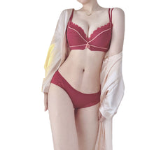 Load image into Gallery viewer, Sexy girl bra and briefs underwear pure desire wind small chest gathered thick cup comfortable cup no steel ring latex lingerie