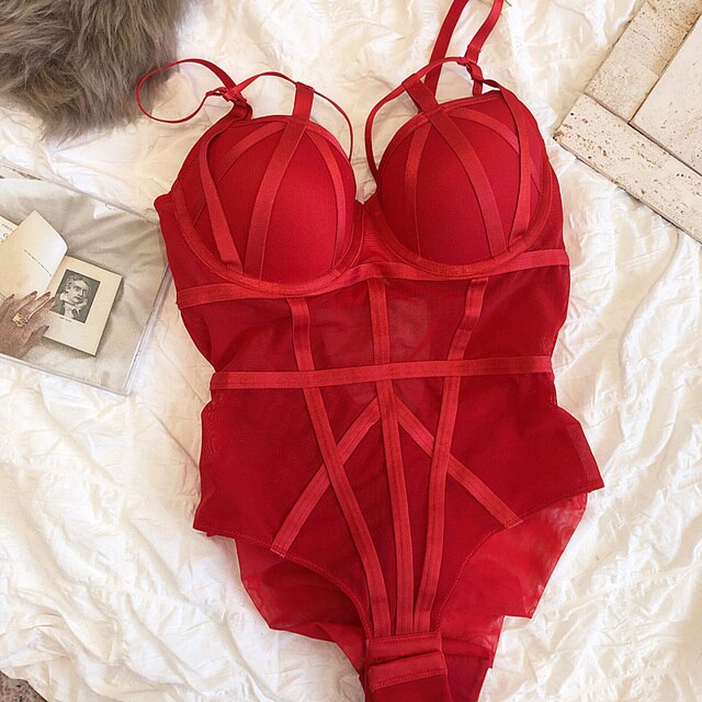 Sexy strappy design one-piece bra set see-through mesh steel ring gathered body shaping underwear embroidery lace lingerie