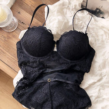 Load image into Gallery viewer, Sexy strappy design one-piece bra set see-through mesh steel ring gathered body shaping underwear embroidery lace lingerie