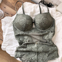 Load image into Gallery viewer, Sexy strappy design one-piece bra set see-through mesh steel ring gathered body shaping underwear embroidery lace lingerie