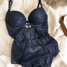 Load image into Gallery viewer, Sexy strappy design one-piece bra set see-through mesh steel ring gathered body shaping underwear embroidery lace lingerie