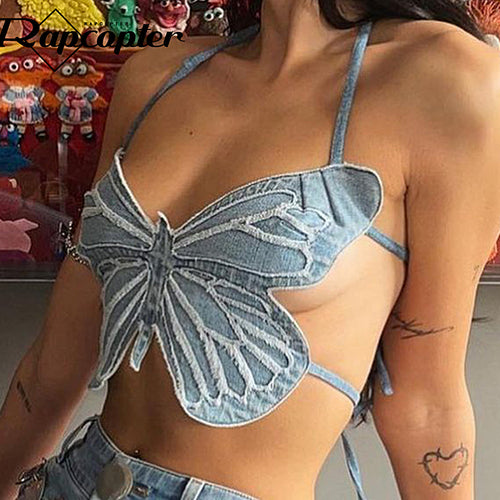 Sexy y2k Butterfly Jeans Crop Top Backless Strap Camis  Blue Cute Party Sweats Women Beach Holiday Mini Vest Tee Summer 2022
