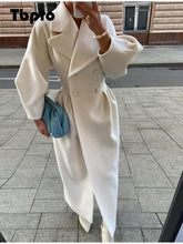 Load image into Gallery viewer, Autumn Women Woolen Coat Thick Lapel Double-Breasted Office Lady Long Jackets Lantern Sleeve Windbreaker Streetwear Female Coats