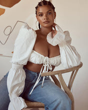 Load image into Gallery viewer, Shirred White Puff Sleeve Tie Front Top Women Blouse Shirts Elegant Hot Sexy Backless Crop Tops Fashion Blusas