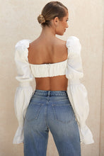 Load image into Gallery viewer, Shirred White Puff Sleeve Tie Front Top Women Blouse Shirts Elegant Hot Sexy Backless Crop Tops Fashion Blusas