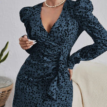 Load image into Gallery viewer, Shirring V-neck Puff Sleeve High Waist Ruffle Dress Office Lady Patchwork Long Sleeve Leopard Print Female Vestido 2022 New