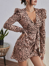 Load image into Gallery viewer, Shirring V-neck Puff Sleeve High Waist Ruffle Dress Office Lady Patchwork Long Sleeve Leopard Print Female Vestido 2022 New