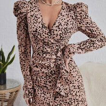 Load image into Gallery viewer, Shirring V-neck Puff Sleeve High Waist Ruffle Dress Office Lady Patchwork Long Sleeve Leopard Print Female Vestido 2022 New